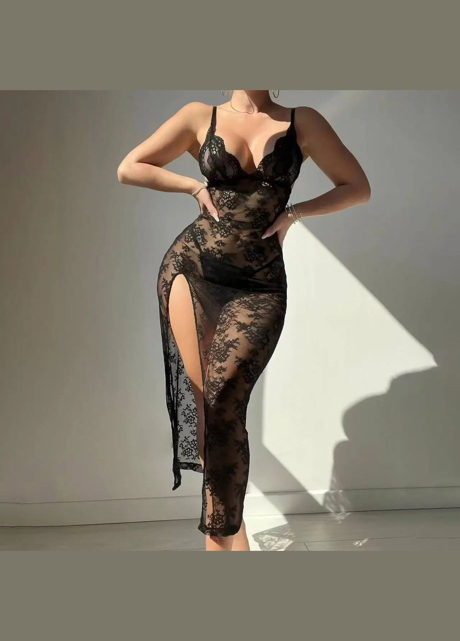 Облягаючий довгий пеньюар із квіткового мережива з трусиками-стрінгами No Brand Пеньюар + трусики (315348971)