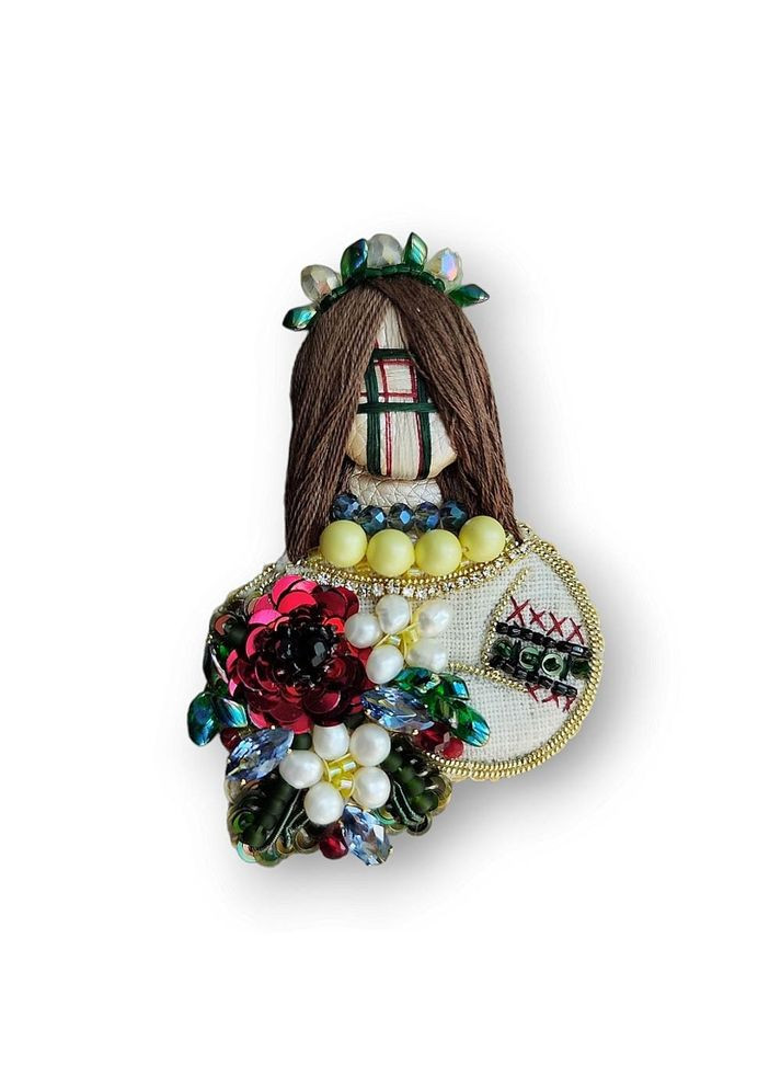 Брошка мотанка берегиня з квіткою ручної роботи з натуральних перлин (BR-19) Ksenija Vitali (296489606)