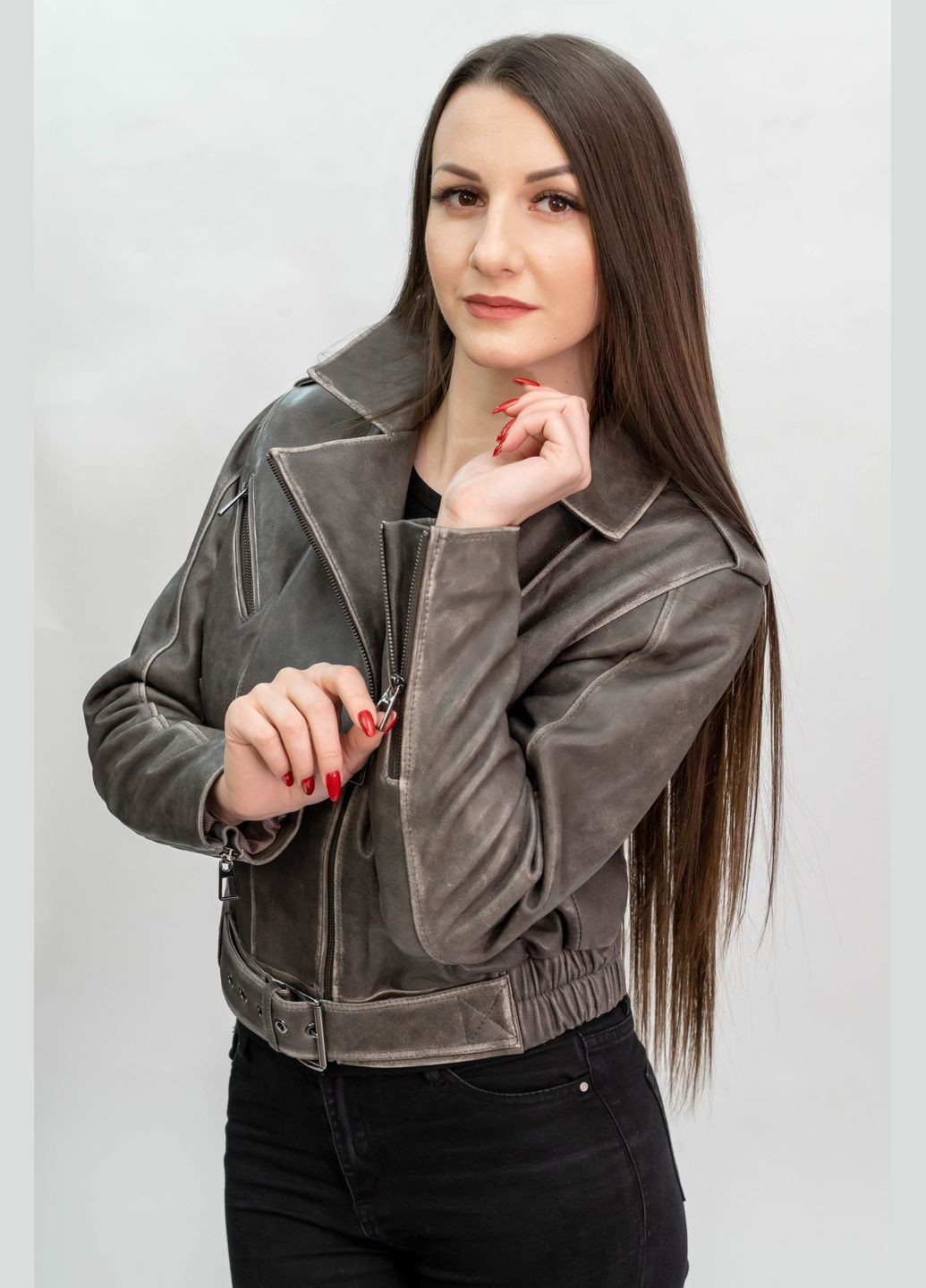 Оливкова демісезонна жіноча шкіряна куртка весна Fabio Monti