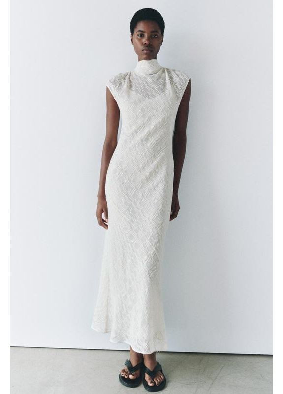 Белое длинное платье с вышивкой zw коллекция Zara