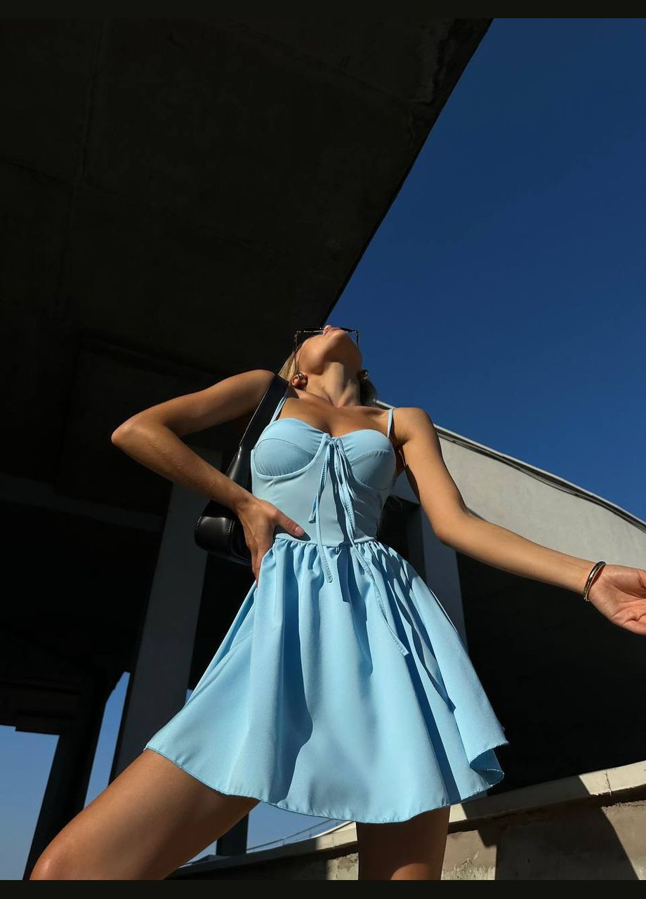 Голубое трендовое платье-комбинезон из турецкого софтра с открытым декольте и со шнуровкой, короткий комбинезон-платье с открытой спиной No Brand