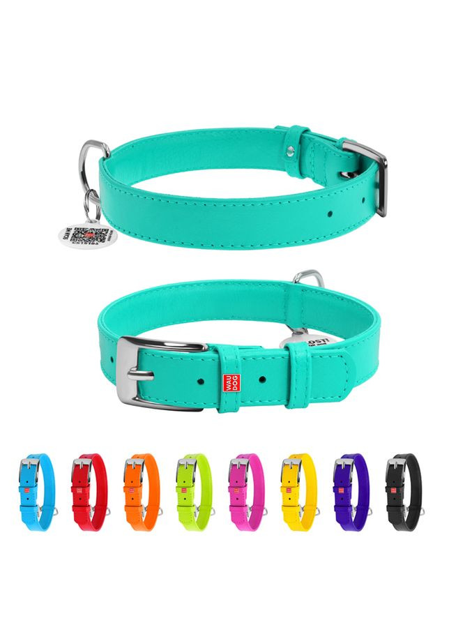 Нашийник для собак шкіряний Glamour з QR паспортом, без прикрас,, Ш 25 мм, Дов 38-49 см ментоловий WAUDOG (322001994)