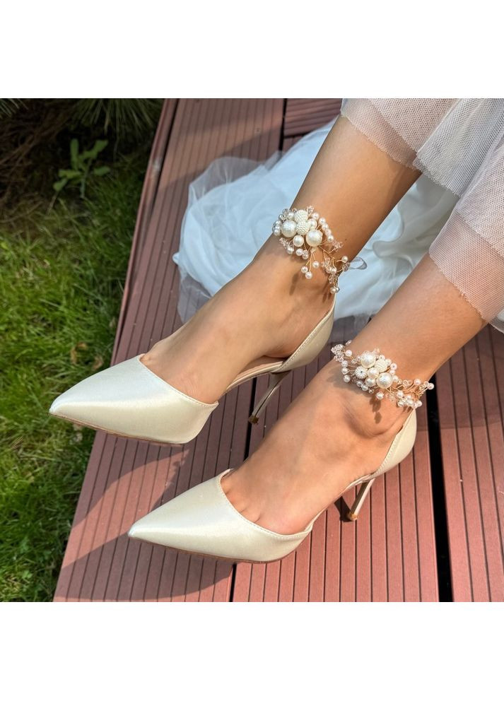 No Brand Жіночі туфлі весільні атласні з ремінцем перли 5,5 см білий з текстиль, — (351394636)
