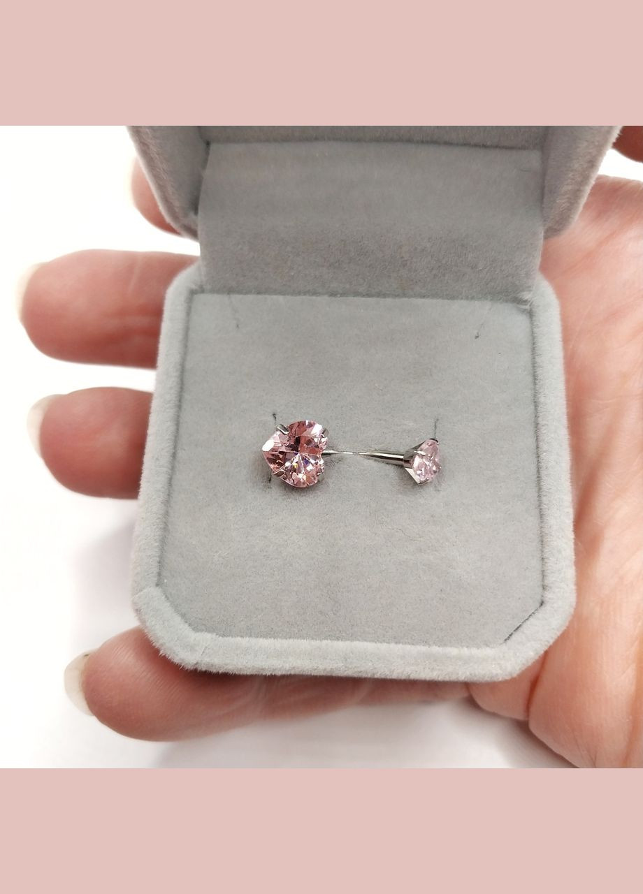 Сережка для пірсингу пупка "Два сердечка рожевий сапфір" навела медична ювелірна сталь у коробочці Spikes (323168518)