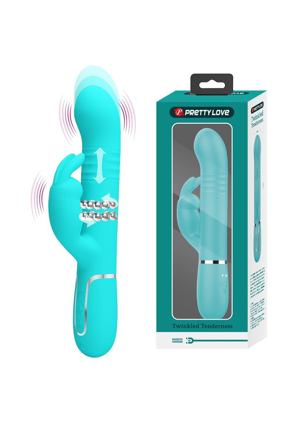 Вібратор-кролик з фрикціями і кульками, що обертаються, бірюзовий, 22.6 х 3.7 см Pretty Love (361670423)