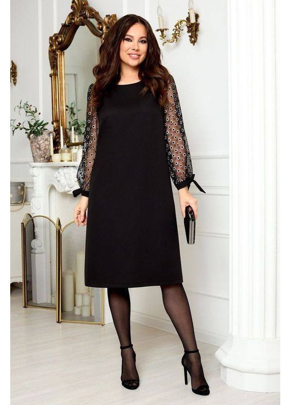 Черное вечернее элегантное женское платье прямого кроя с сетчатыми рукавами и бантиками на манжетах — изысканность и стиль 🖤 (замер в описании) Vione однотонное