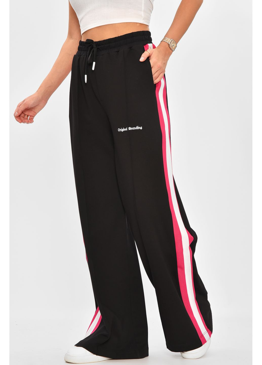 Штаны женские черного цвета со вставками Let's Shop (360938536)