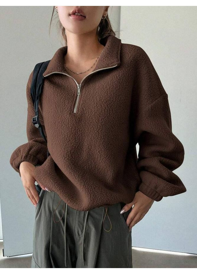Коричневый свитшот женский флисовый с воротником-стойкой — замер в описании DK/DL Мода без кордонів однотонный без декора (366527102)