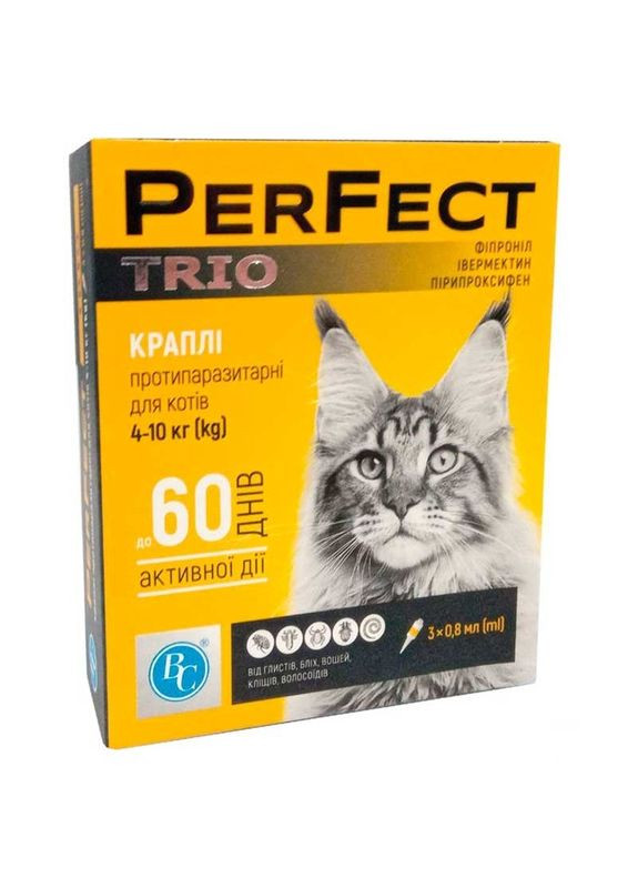 Протипаразитарні краплі на холку проти бліх, кліщів та гельмінтів для котів (1 піпетка) TRIO - 4-10 кг / 0,8 мл Perfect (327062375)