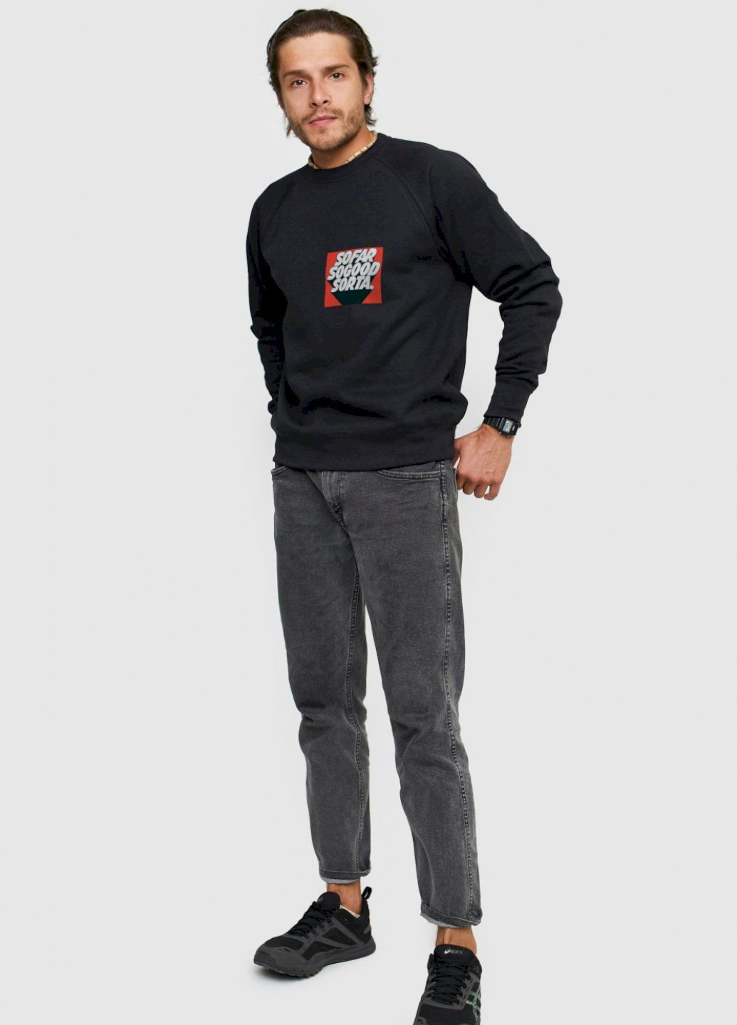 Чорний світшот чоловічий чорний "sofar sogood sorta" YAPPI малюнок (303773072)