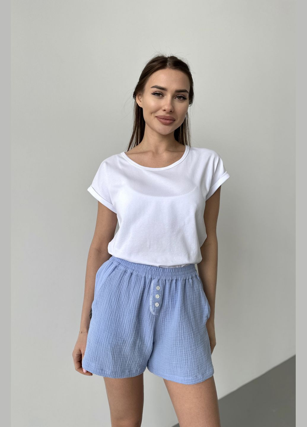Синяя всесезон пижамный комплект женский футболка белая и шорты муслиновые футболка + шорты German Volf