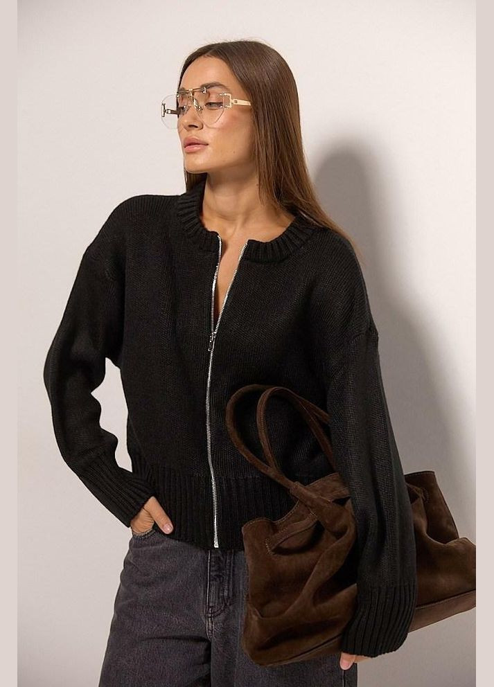 Вязаная женская кофта на молнии черная MKAR200277-3 Modna KAZKA (337145156)
