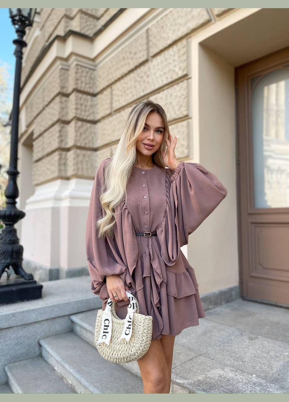 Темно-коричнева повсякденний жіноча трендова сукня міні кльош Україна однотонна