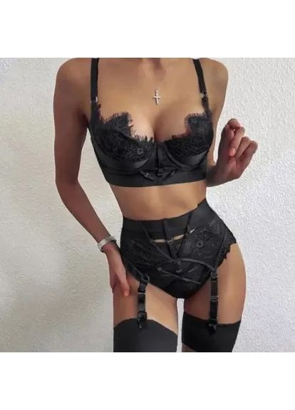 Черный демисезонный кружевной комплект нижнего белья женского с поясом широким. женское нижнее белье из мягкого кружева China