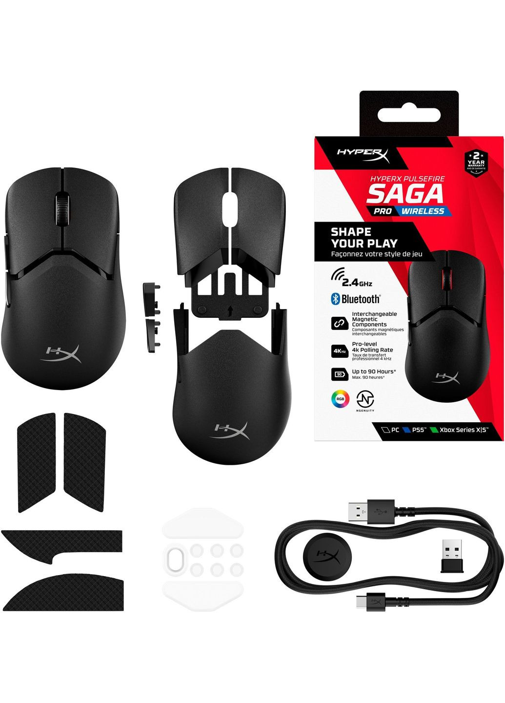 Мышь A2PB2AA Pulsefire SAGA PRO, RGB, USB-A/WL/BT, HyperX (362712687)