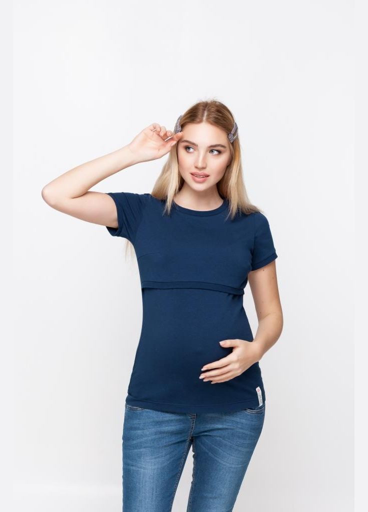 Темно-синя трикотажна футболка для вагітних та годуючих мам синя Юла мама