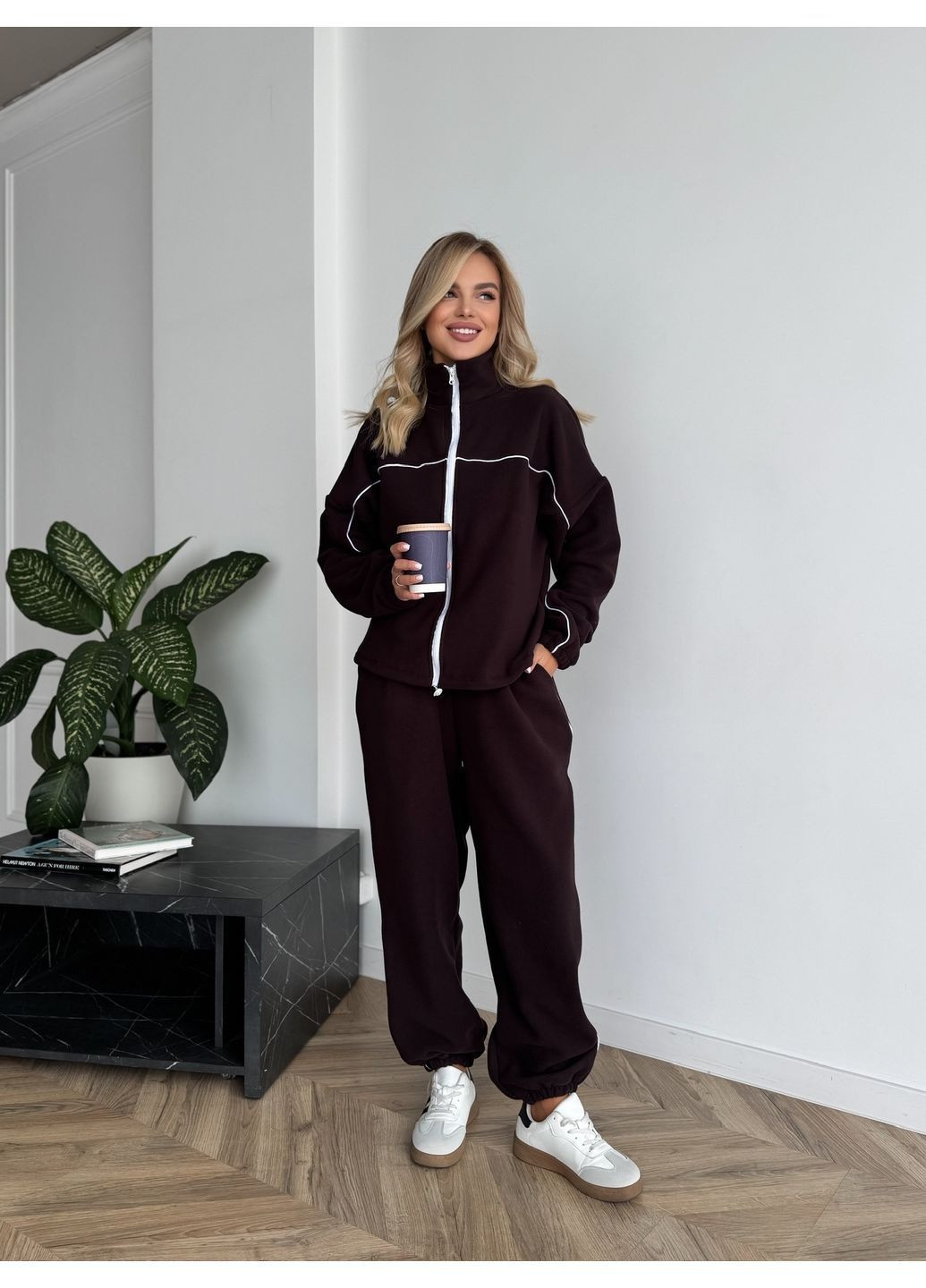 Теплий спортивний флісовий костюм оверсайз кофта на блискавці з кантиком шоколад You Best (362206494)