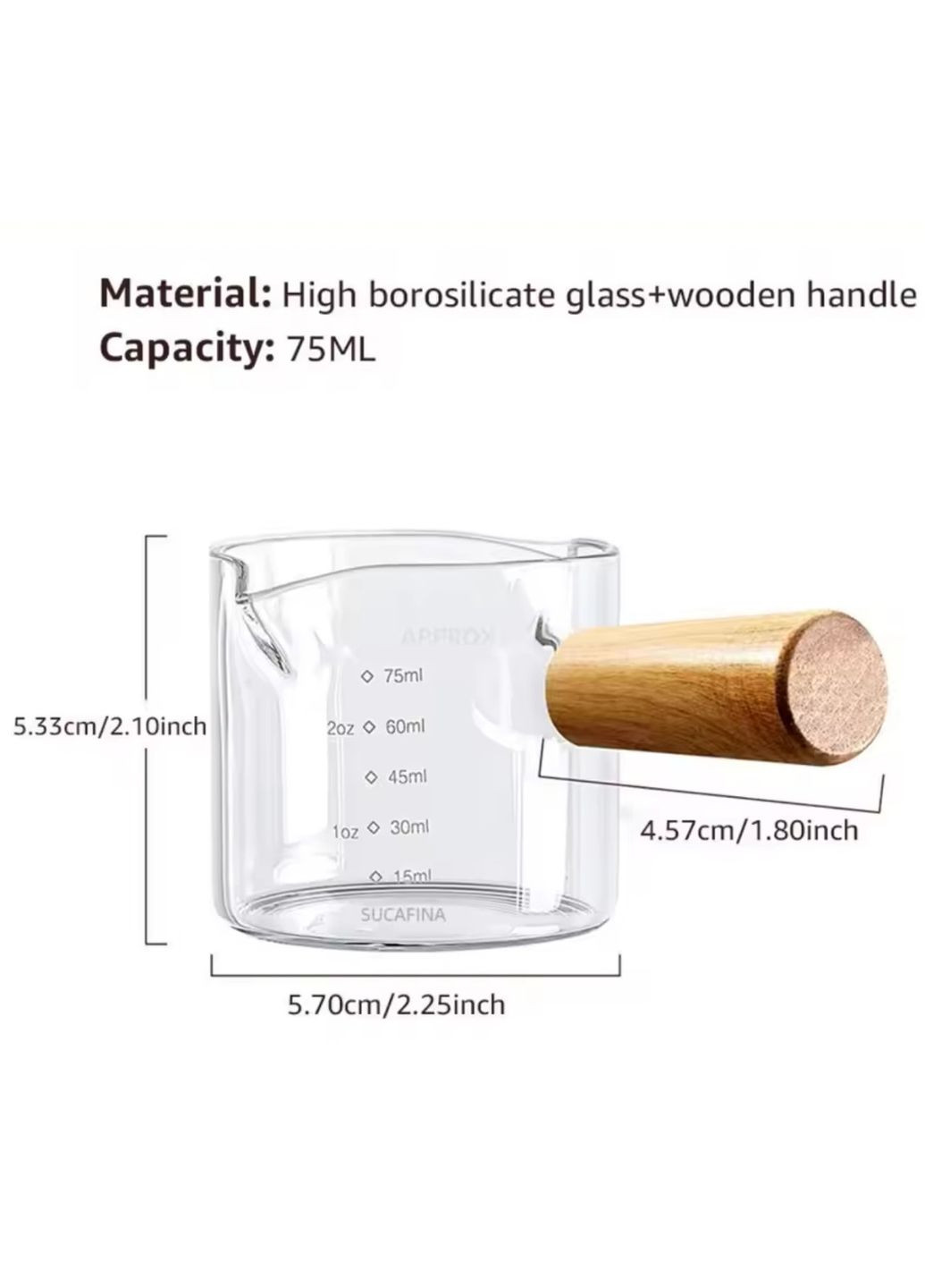 Пітчер для еспресо скляний Approx Straight 75 мл з носиком прозорий мірний молочник з дерев'яною ручкою No Brand (357490234)
