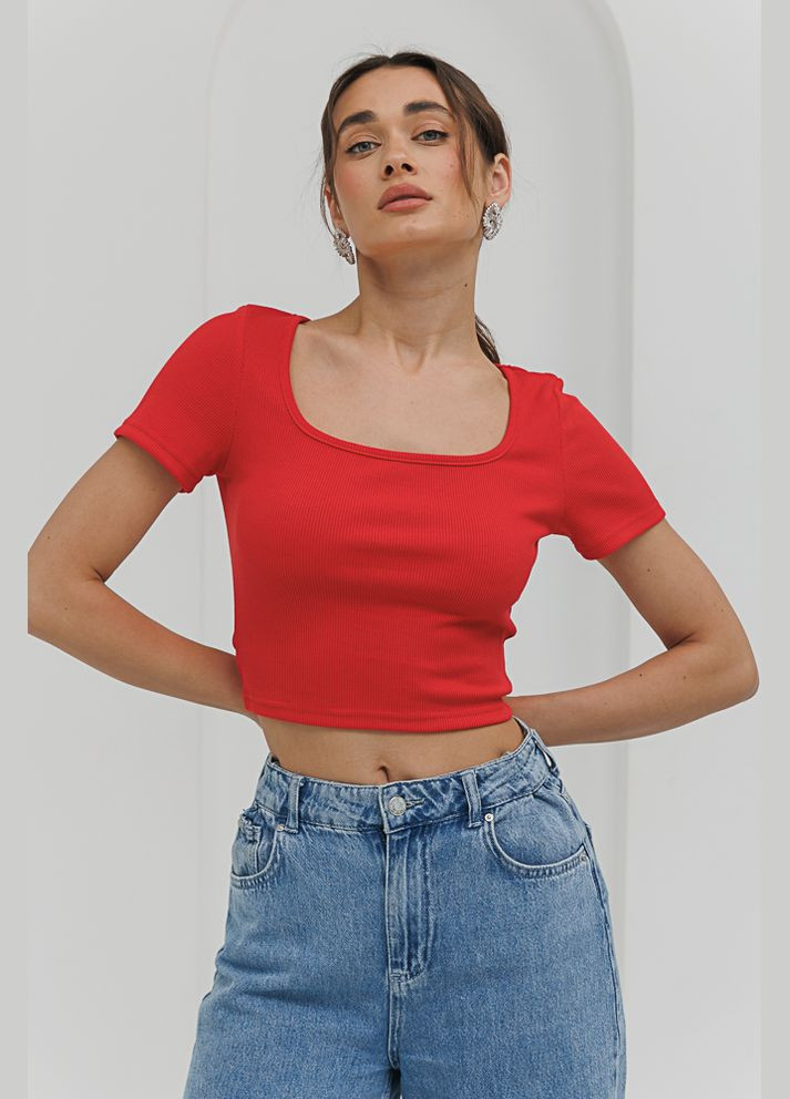 Красная летняя укороченная женская футболка в рубчик Arjen