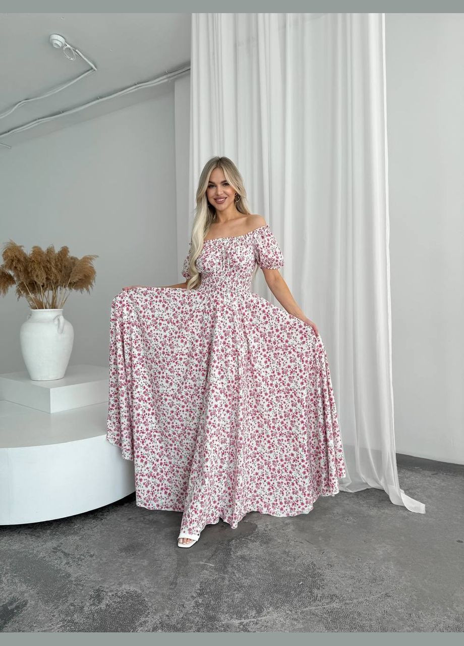 Світло-рожева повсякденний, вечірня, кежуал жіноча сукня з відкритими плечима Style Point з квітковим принтом