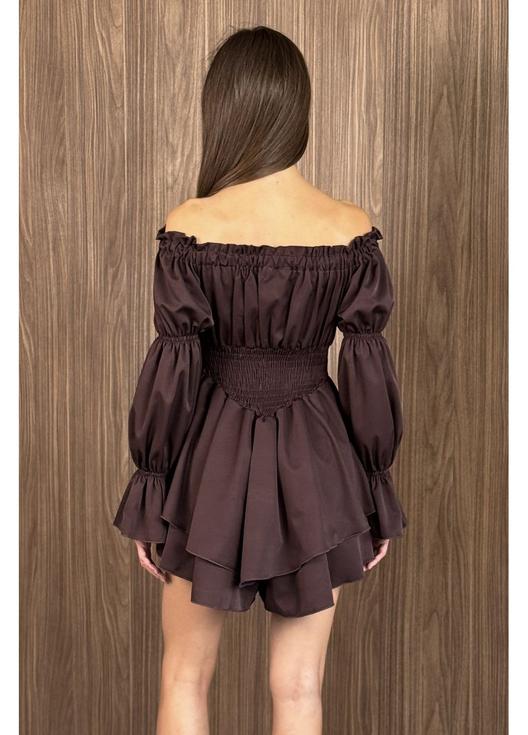 Комбінезон міні з довгим рукавом рукавом однотон CHICLY комбінезон-шорти однотонний темно-коричневий повсякденний, кежуал софт