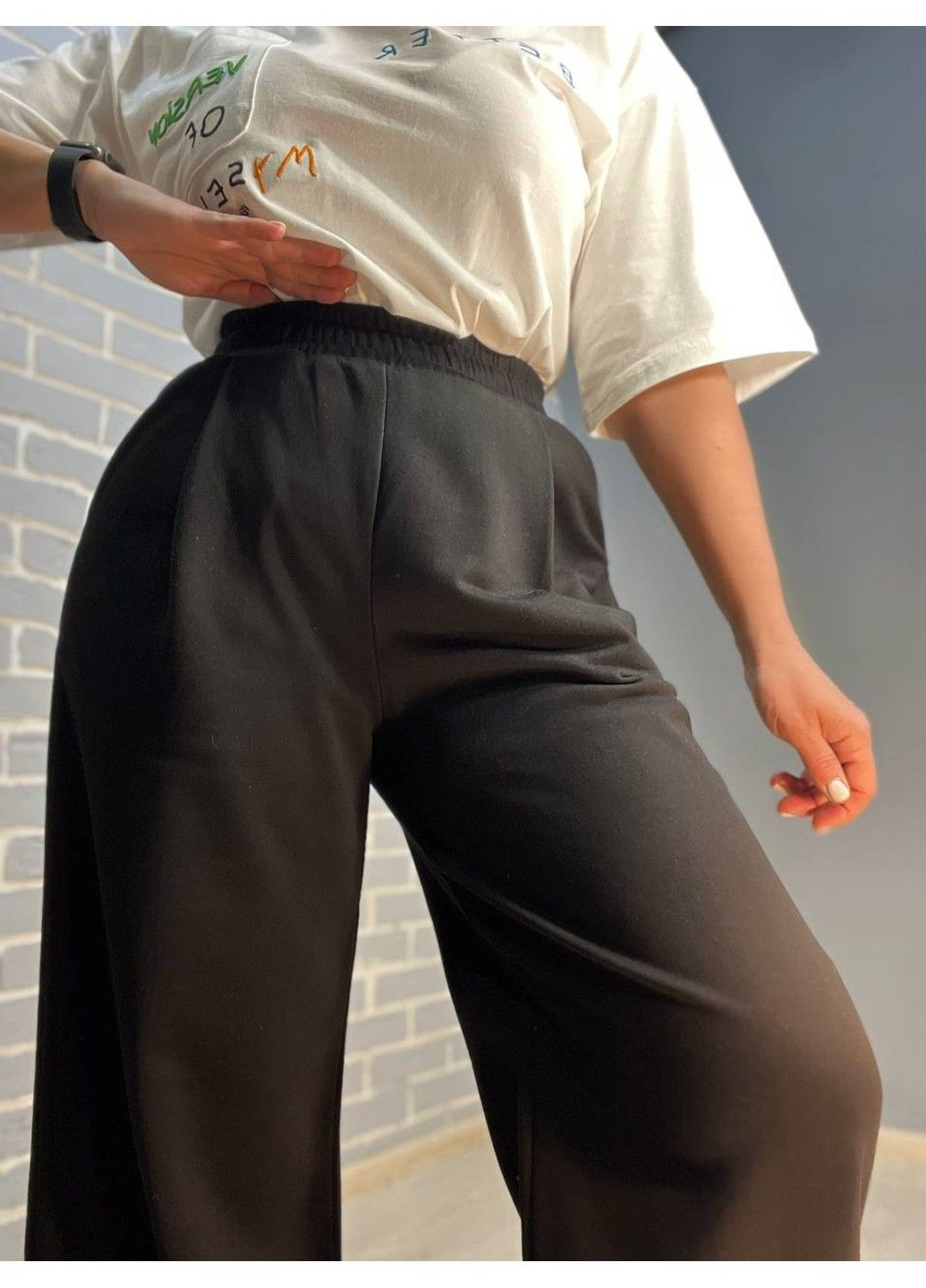 Брюки жіночі A-N 2333 широкі палаццо рівні від стегна талія на резинці щільний трикотаж чорні No Brand (317246519)