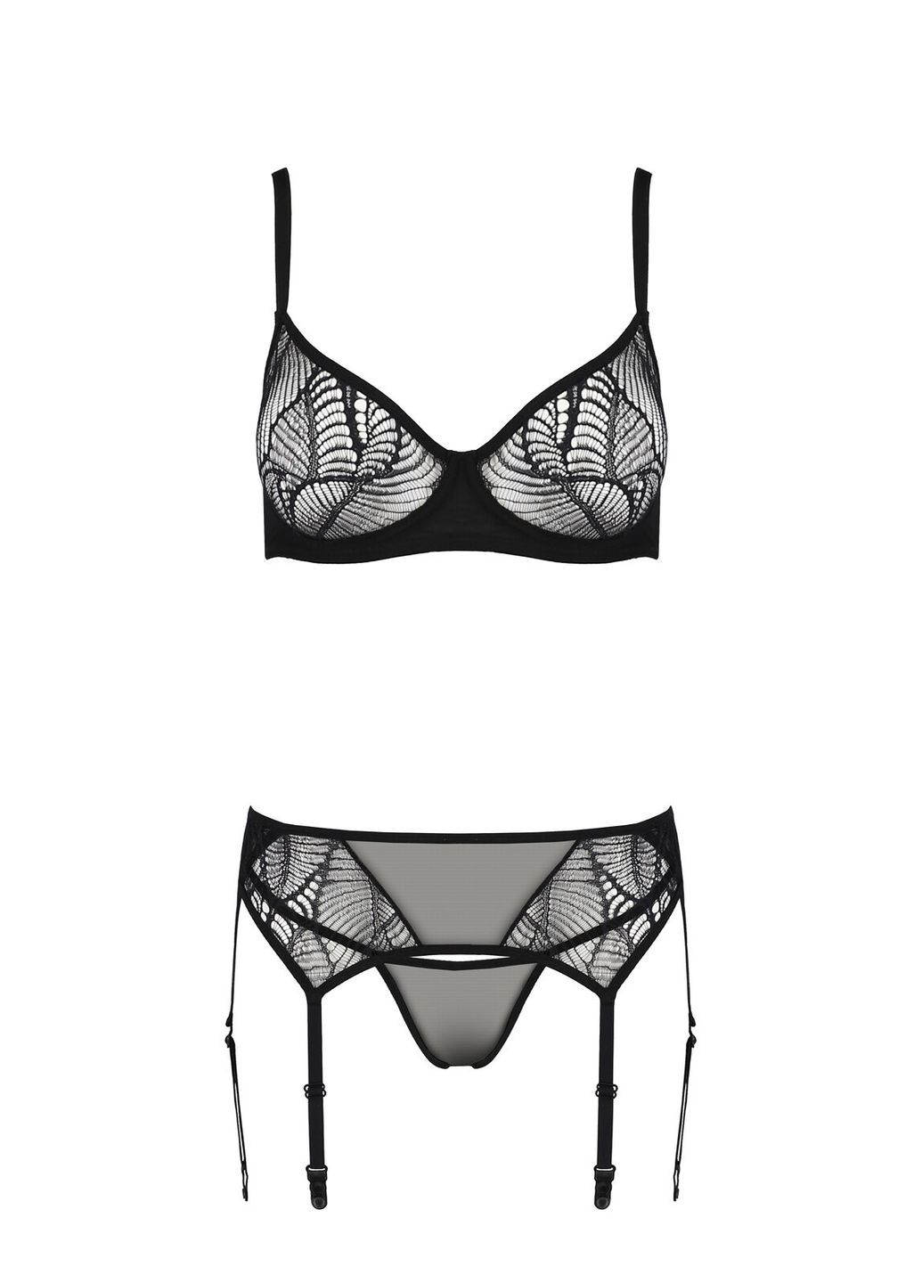 Комбинированный демисезонный комплект leafa set black, xxl/xxxl, кружево+сетка, бюстгальтер на косточках, стринги, пояс для чулок Passion