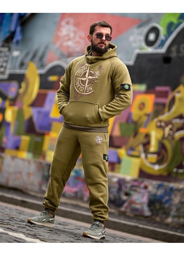 Стильний чоловічий спортивний костюм на флісі Stone Island хакі осінь/зима No Brand (372156511)