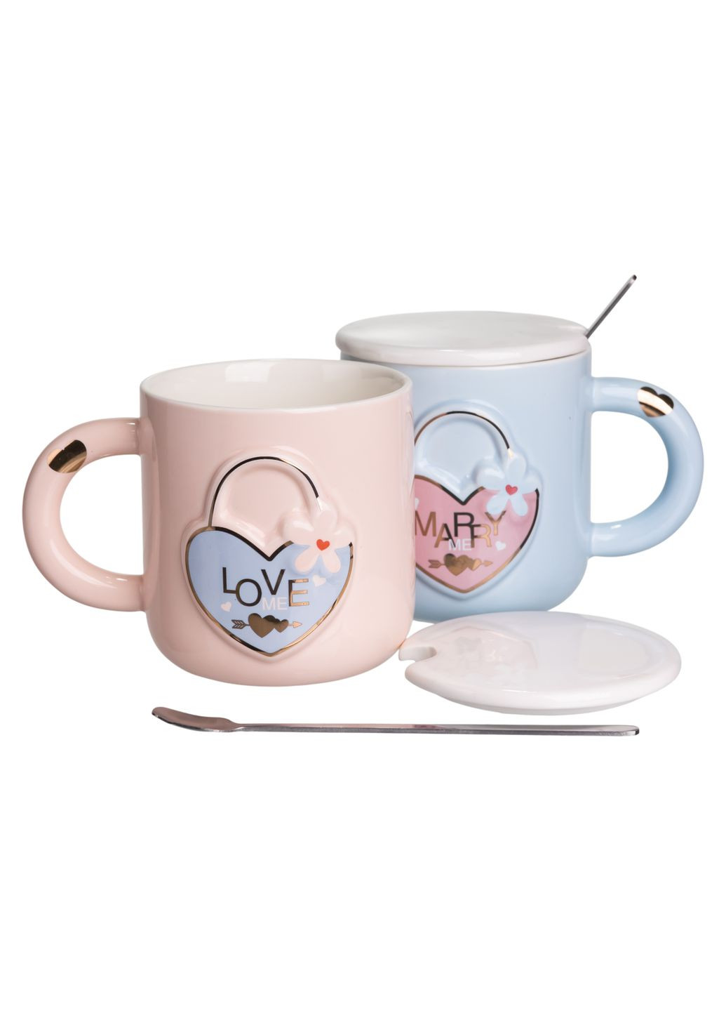 Парные чашки фарфоровые Lovers' Lock 400 мл с ложками Yiwu (373639667)
