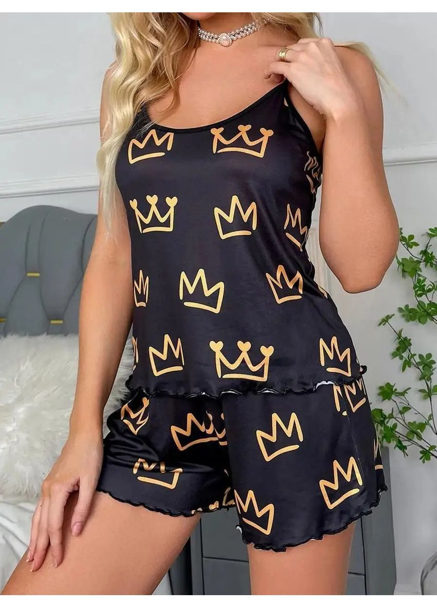 Чорна всесезон приваблива стильна жіноча піжама i’m princess, елегантна легка атласна піжама з принтом майка + шорти No Brand піжама I’m Princess рожевий