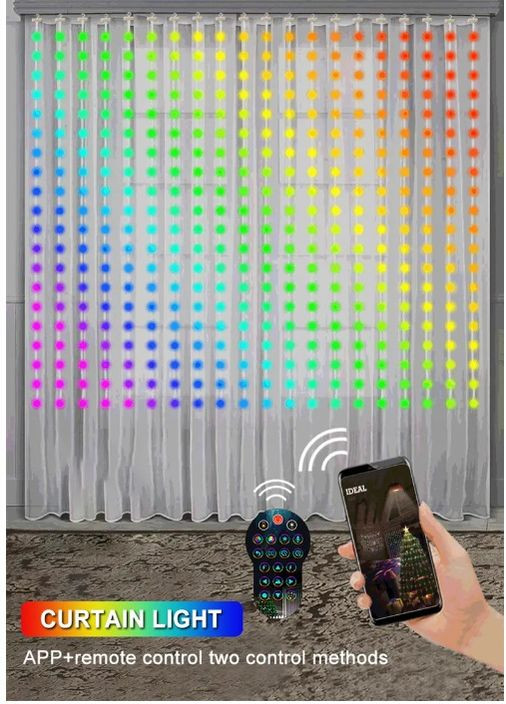Смарт гірлянда штора 3*3 м 400 LED RGB, керування телефоном чи пультом No Brand (316322109)