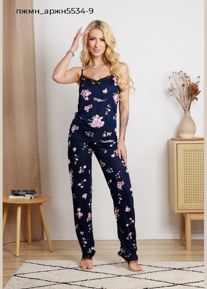 Прозорий комплект жіночий з гіпюром майка та брюки Pijamoni