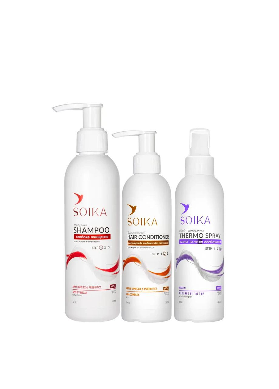 Набір для жирного волосся: шампунь, бальзам, спрей-термозахист "Термо Міст" Soika (368766800)