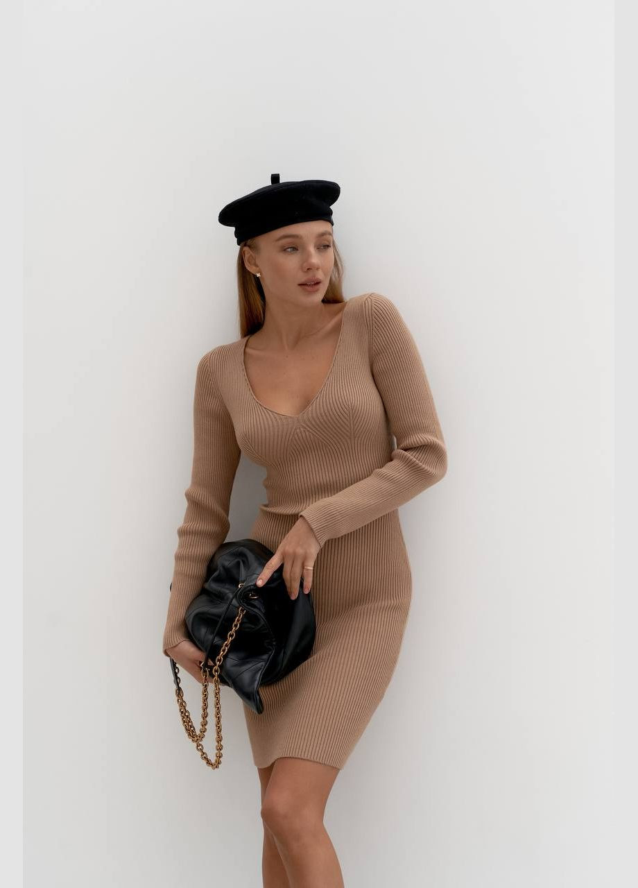 Бежева святковий, повсякденний, кежуал, коктейльна міні сукня в рубчик силуетна Україна однотонна