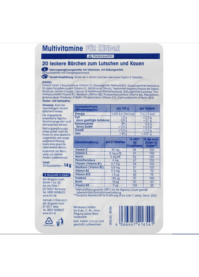 Жувальні мультивітаміни для дітей від 4 років зі смаком апельсину Multivitamine für Kinder, Kautabletten 20St., 14 g Mivolis (366569616)