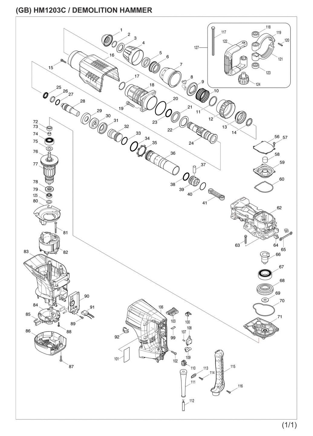 Молоток отбойный сетевой HM1203C (19.1 Дж, 950-1900 мин-1, 1510 Вт, SDS-MAX, 9.7 кг) Makita (290851956)