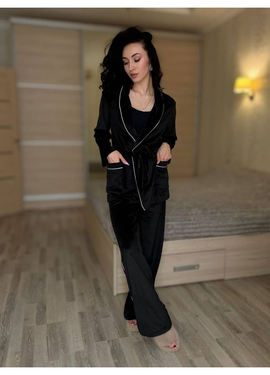 Чорна всесезон піжама 0593 домашній костюм велюр мех з кантом,сорочка на поясі та штани Україна