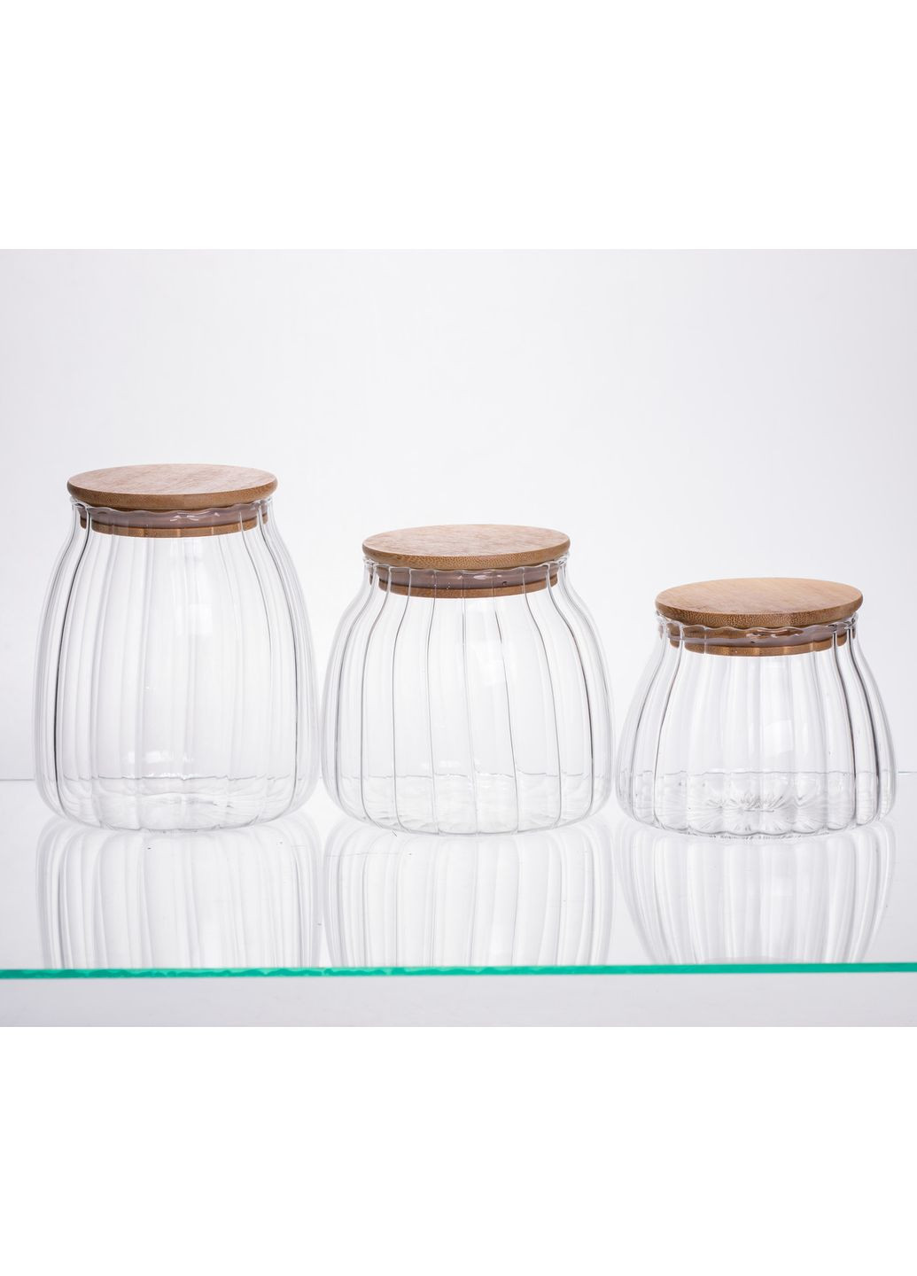Набор банок для сыпучих продуктов стеклянные с бамбуковыми крышками 3 штуки 0.5/0.8/1 л 64486-56 Yiwu (369446621)