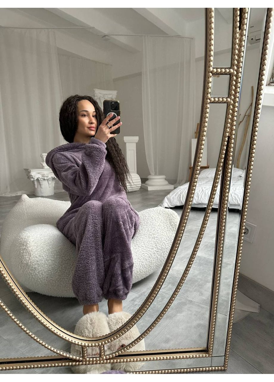 Сиреневая зимняя женский домашний костюм с махрой: худые + джогеры туника + брюки MonCher