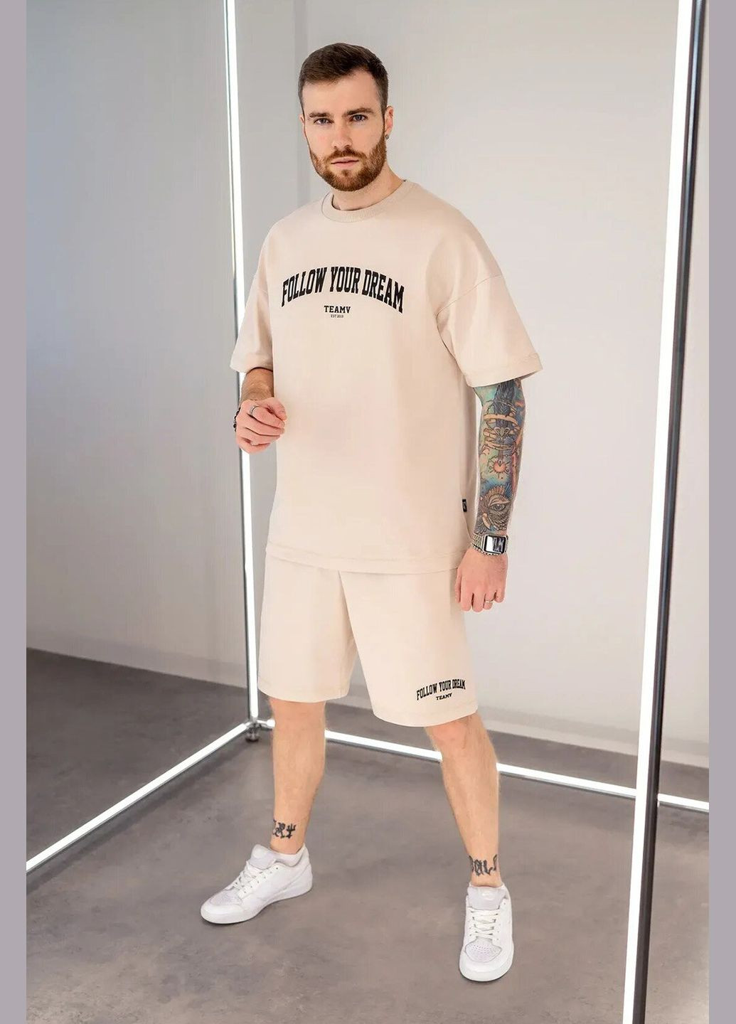 Бежевий літній чоловічий літній костюм із принтом dream бежевий Teamv