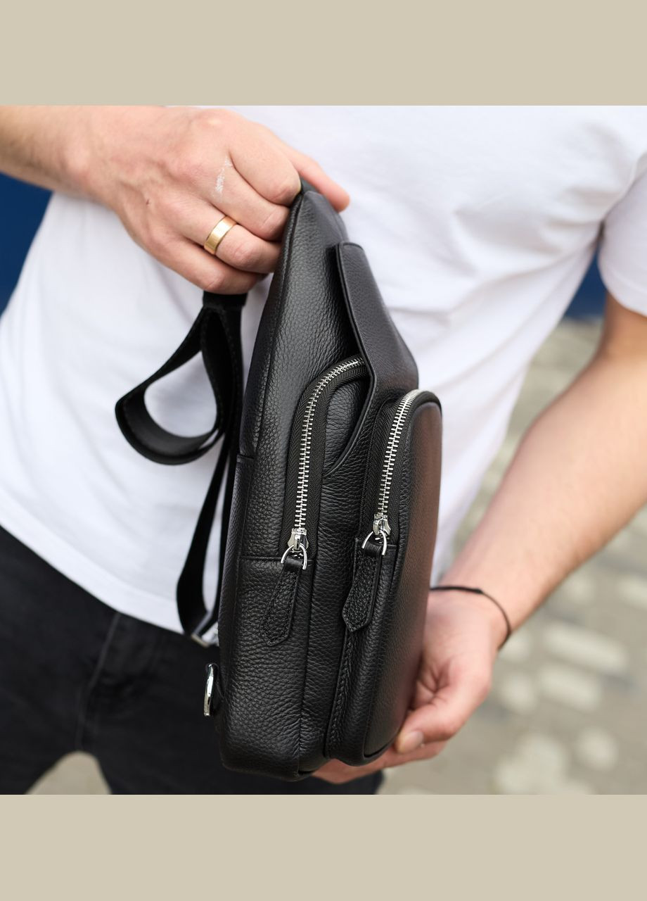 Мужская сумка-слинг из натуральной кожи, сумка через плечо черная, мужская сумка слинг 34091 Tiding Bag (359380774)