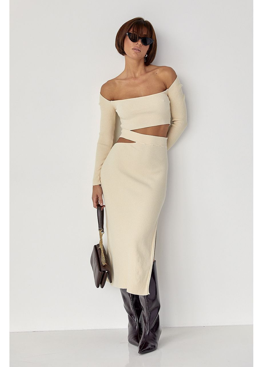 Костюм в рубчик с кроп-топом и юбкой - коричневый цвет Lurex (364967712)