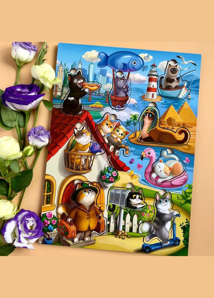 Деревянный пазл-вкладыш "Котики -1" (ПСД128) PSD128 с домиком Ubumblebees (302010188)