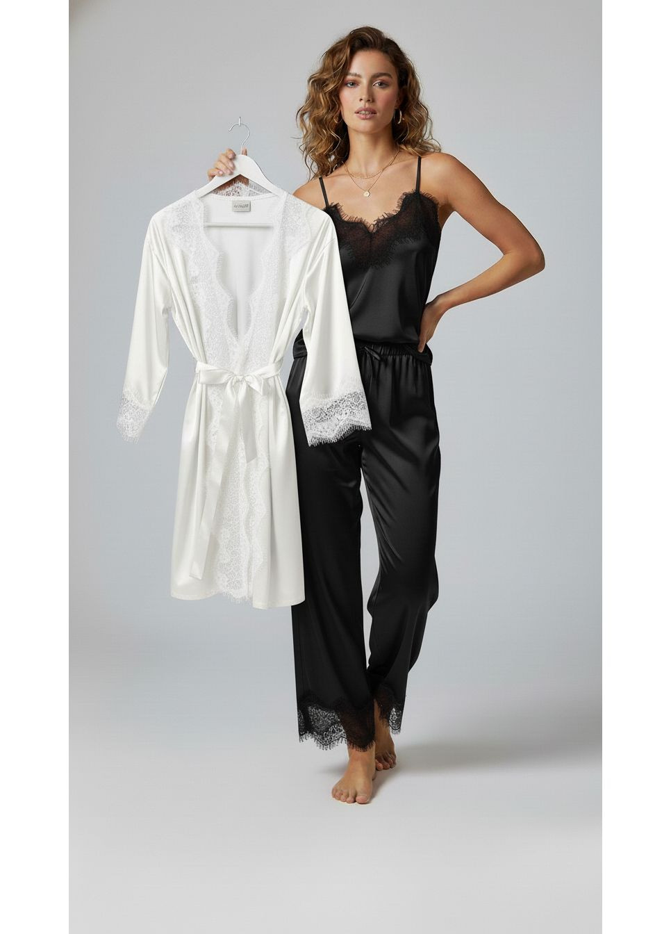 Білий демісезонний халат майка штани, комплект шовковий для дому Exclusive