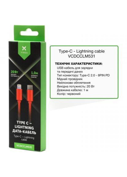 Дата кабель USBC to Lightning 1.0m 20W Nylon Red (VCDCCLM531) Vinga usb-c to lightning 1.0m 20w nylon red (268145055)