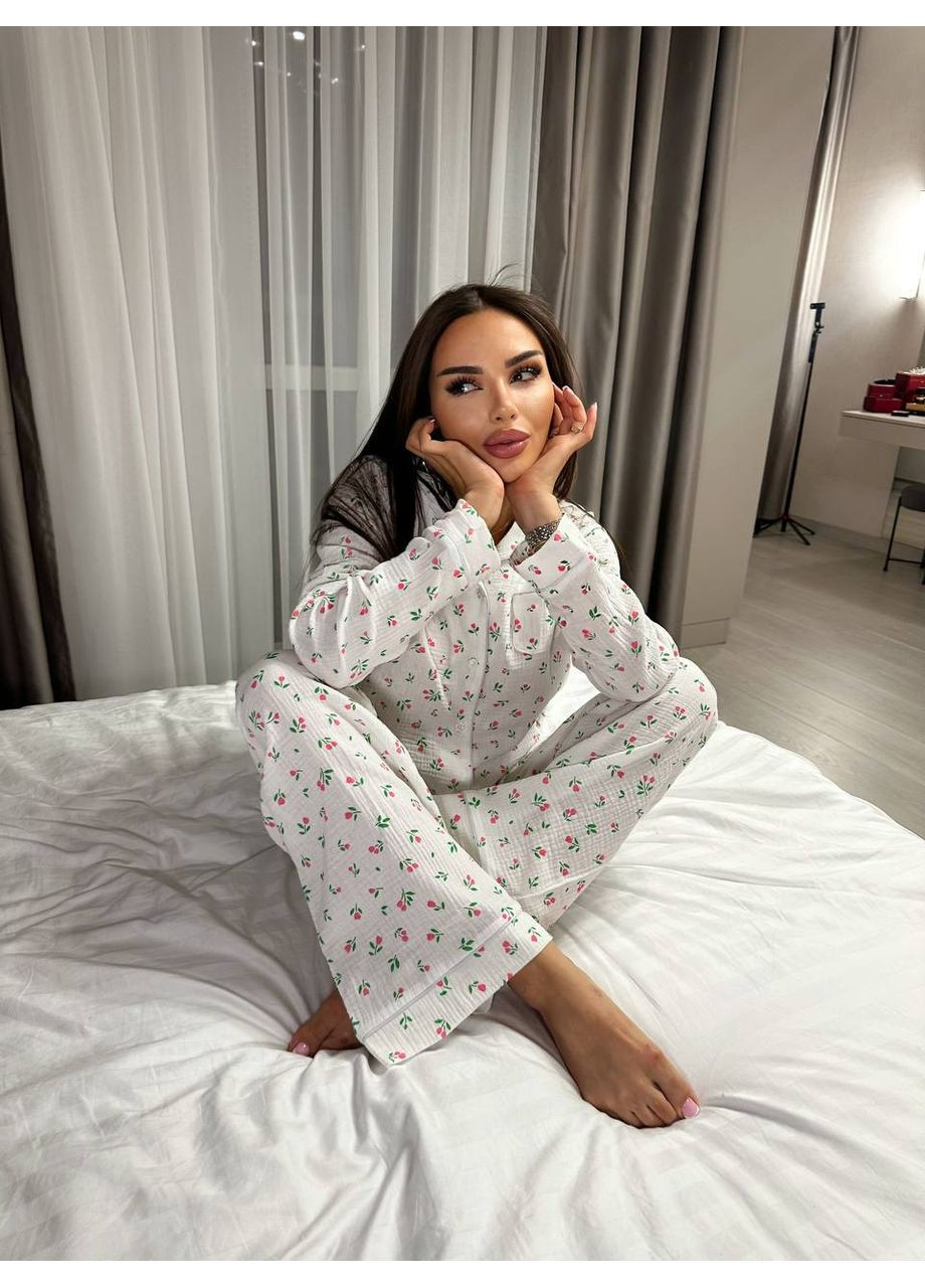 Молочная всесезон муслиновая женская пижама (рубашка + штаны) — замеры в описании рубашка + брюки DK/DL Мода без кордонів