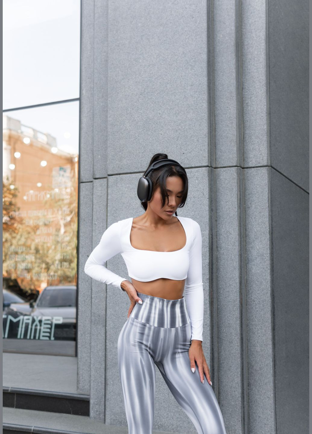 Спортивні жіночі легінси (лосини) з ефектом пуш-ап Elasoft Premium для фітнесу та йоги V-пояс Сіро-білий градієнт Wave З пуш-ап (315764537)