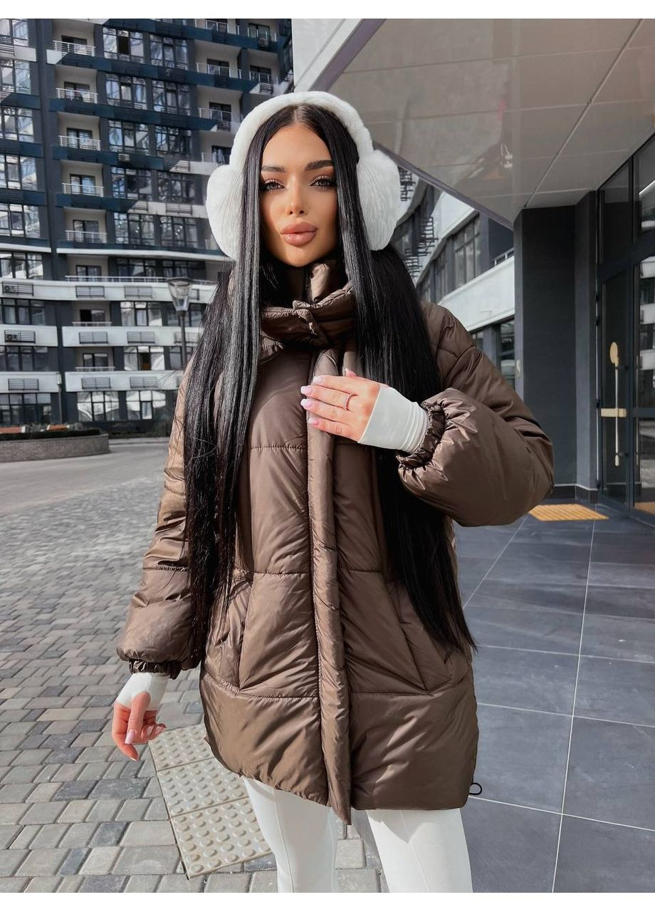 Коричневая зимняя женский зимний пуфер с куличом и внутренними лямками — замеры в описании куртка-пальто DK/DL Мода без кордонів