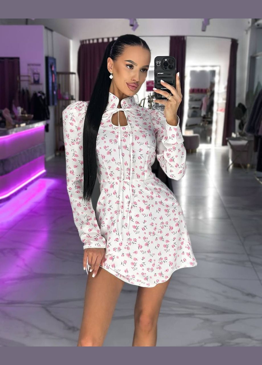 Белое праздничный, повседневный, кэжуал женское платье FINO Mode с цветочным принтом