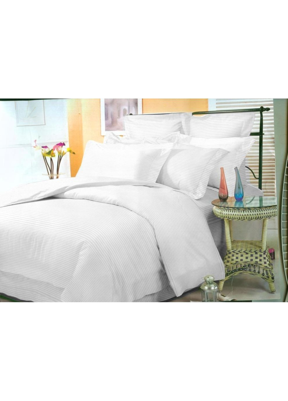 Постільна білизна з резинкою Білий страйп сатин PREMIUM Сімейний розмір, наволочки 70/70 No Brand (363190116)